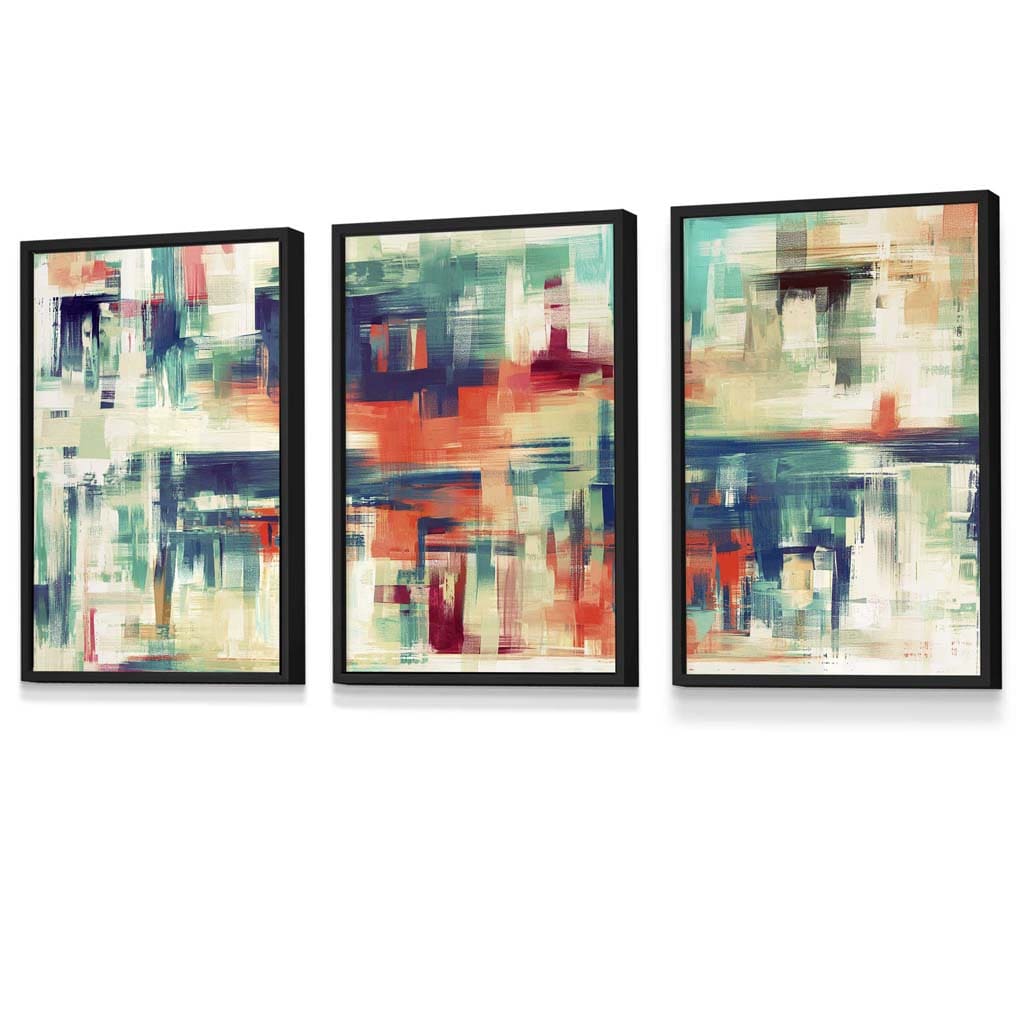 Set of 3 Geometric Abstract Strokes In Blue Teal and Red Framed Art Prints | Artze Wall Art UK
