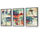 Set of 3 Geometric Abstract Strokes In Blue Teal and Red Framed Art Prints | Artze Wall Art UK