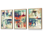 Set of 3 Geometric Abstract Strokes In Blue Teal and Red Framed Art Prints | Artze Wall Art UK