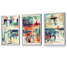 Set of 3 Geometric Abstract Strokes In Blue Teal and Red Framed Art Prints | Artze Wall Art UK