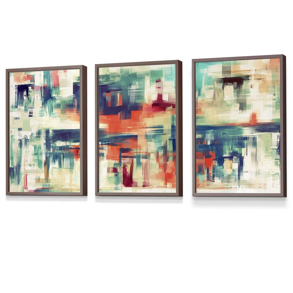 Set of 3 Geometric Abstract Strokes In Blue Teal and Red Framed Art Prints | Artze Wall Art UK