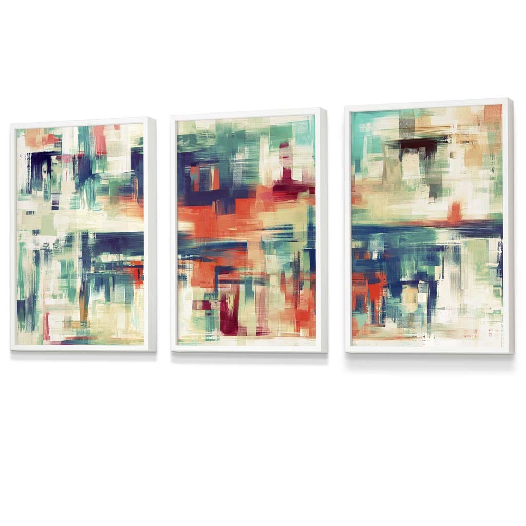 Set of 3 Geometric Abstract Strokes In Blue Teal and Red Framed Art Prints | Artze Wall Art UK