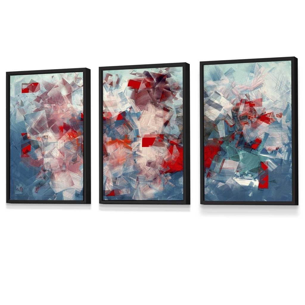 Set of 3 Geometric Abstract Squares In Red White and Blue Framed Art Prints | Artze Wall Art UK