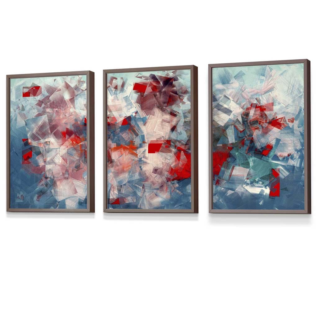 Set of 3 Geometric Abstract Squares In Red White and Blue Framed Art Prints | Artze Wall Art UK