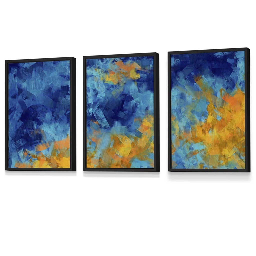 Set of 3 Abstract Cerulean Shore In Blue and Yellow Framed Art Prints | Artze Wall Art UK