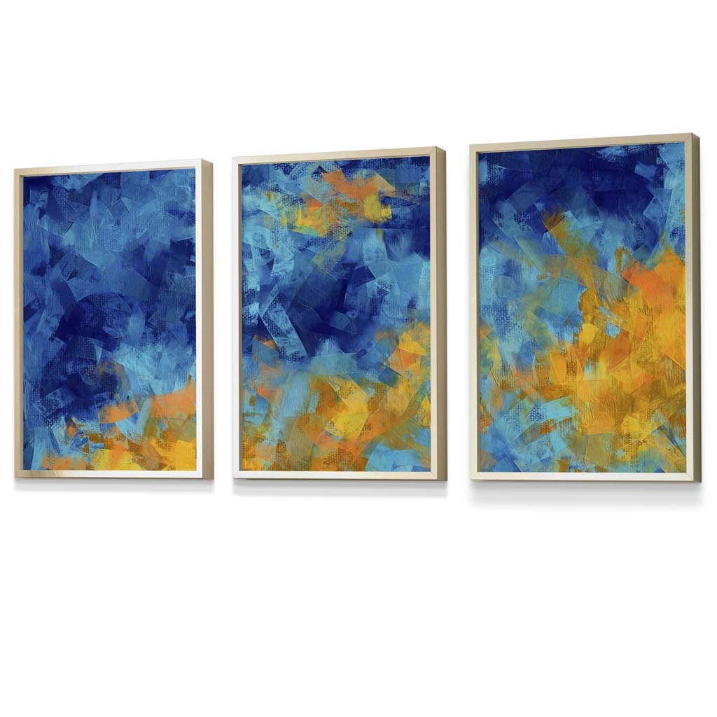 Set of 3 Abstract Cerulean Shore In Blue and Yellow Framed Art Prints | Artze Wall Art UK