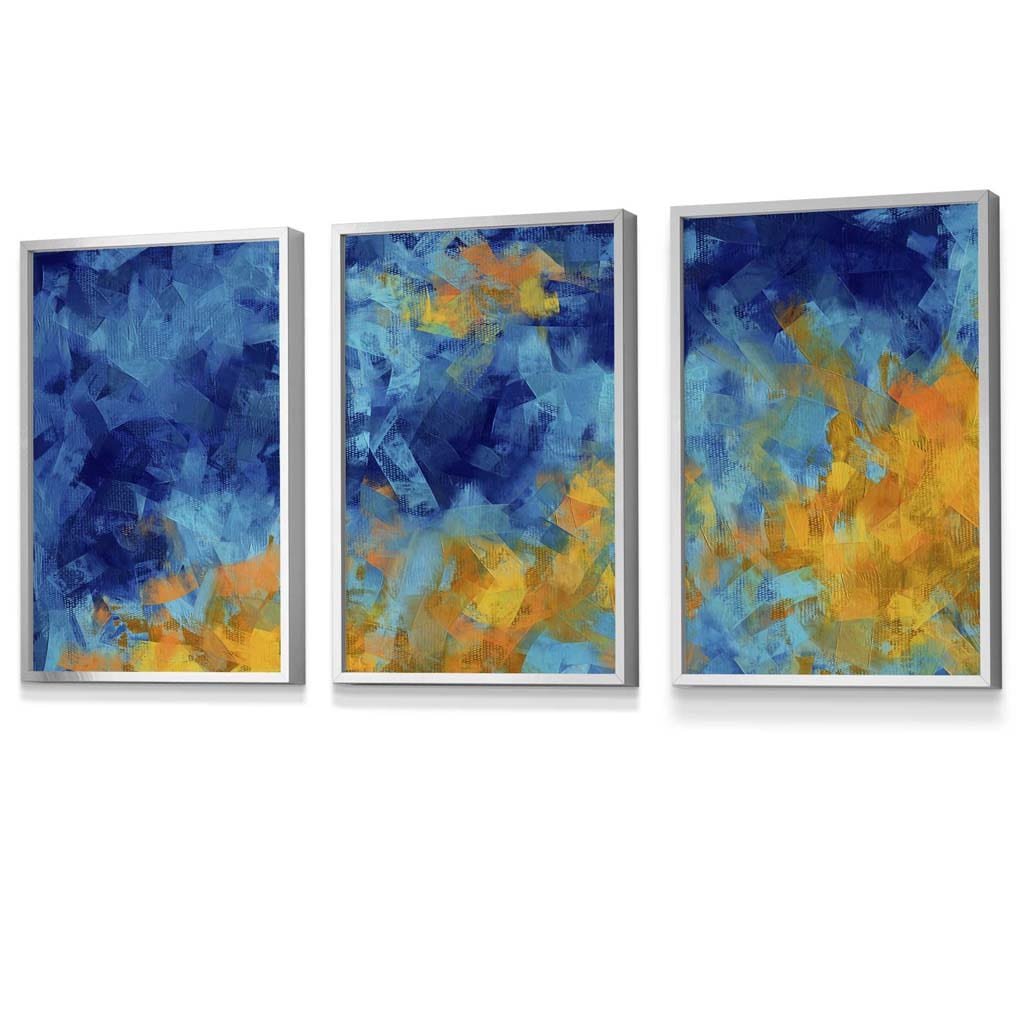 Set of 3 Abstract Cerulean Shore In Blue and Yellow Framed Art Prints | Artze Wall Art UK