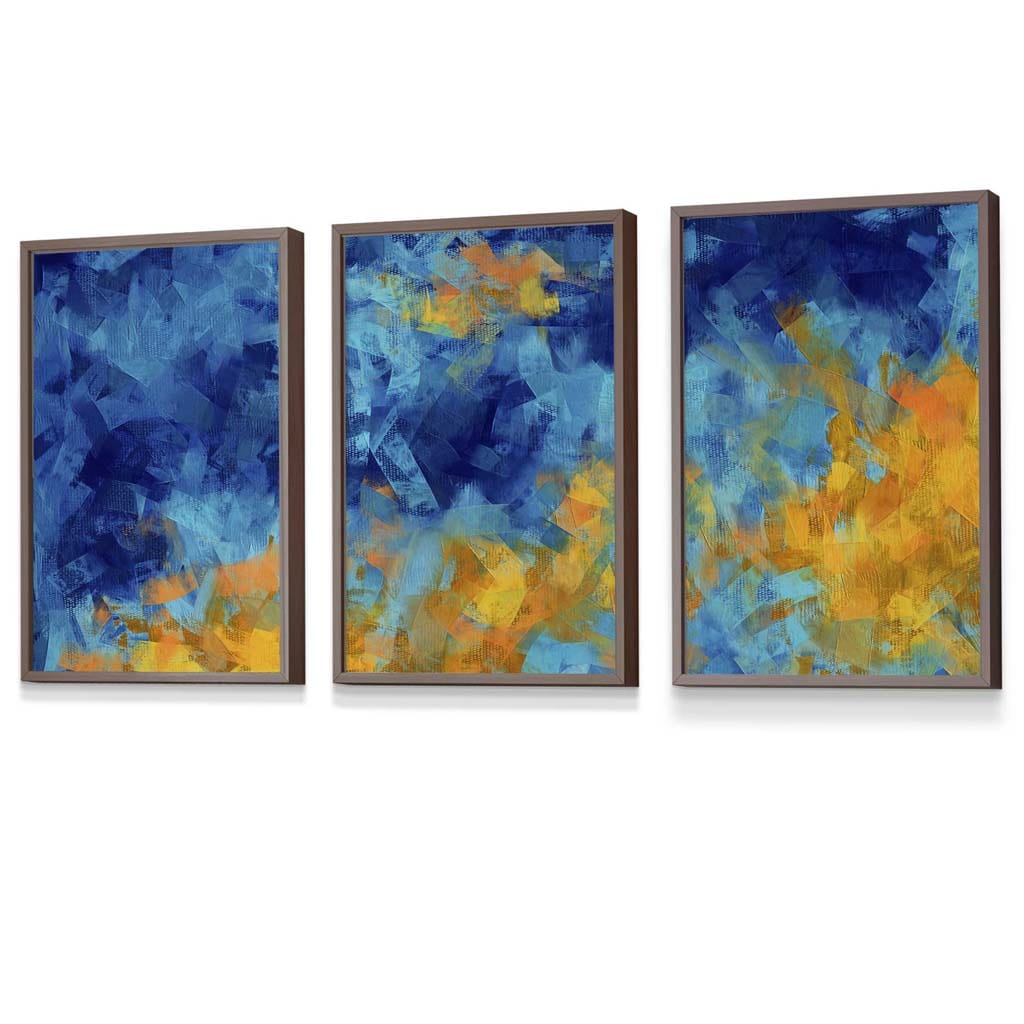 Set of 3 Abstract Cerulean Shore In Blue and Yellow Framed Art Prints | Artze Wall Art UK