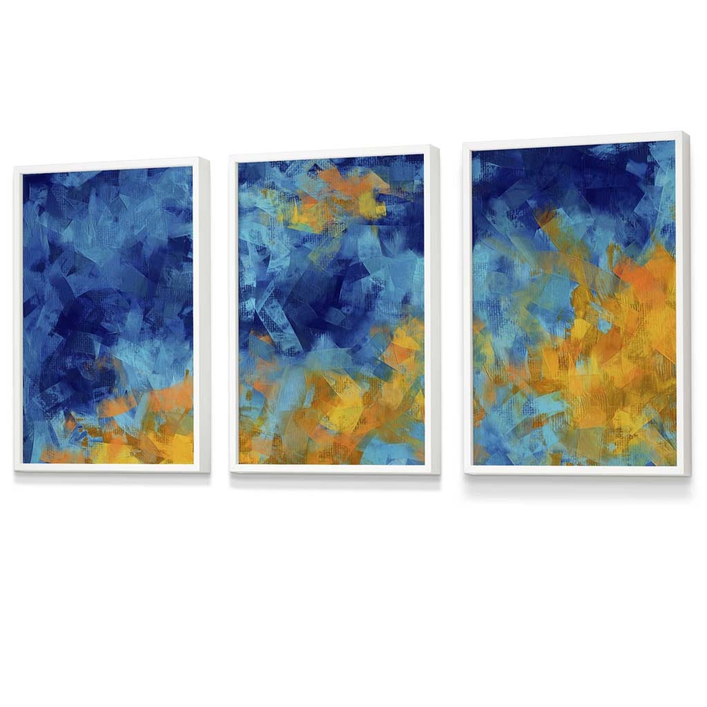 Set of 3 Abstract Cerulean Shore In Blue and Yellow Framed Art Prints | Artze Wall Art UK