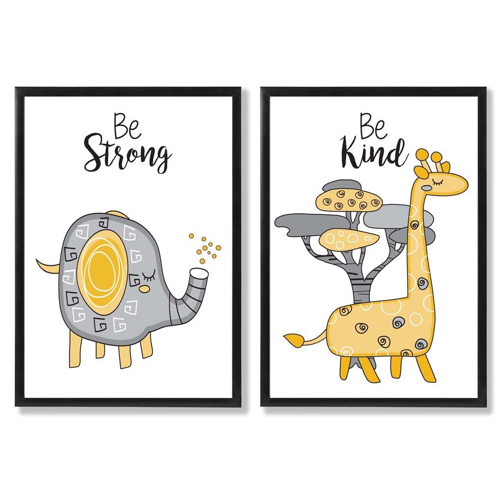 Grey, Yellow Nursery Elephant, Giraffe Set of 2 Art Prints with Black Frame
