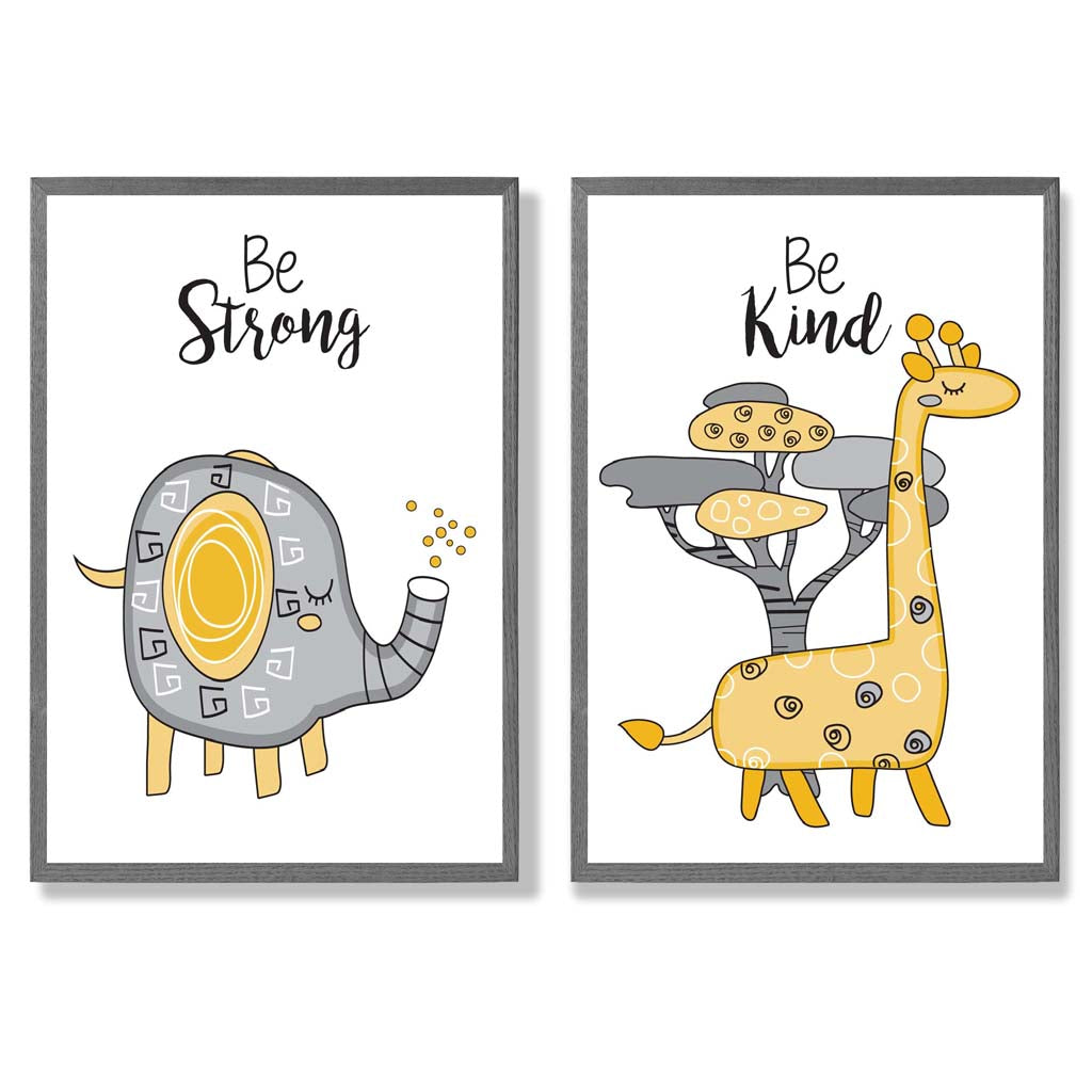 Grey, Yellow Nursery Elephant, Giraffe Set of 2 Art Prints with Dark Grey Frame