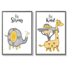 Grey, Yellow Nursery Elephant, Giraffe Set of 2 Art Prints with Dark Grey Frame