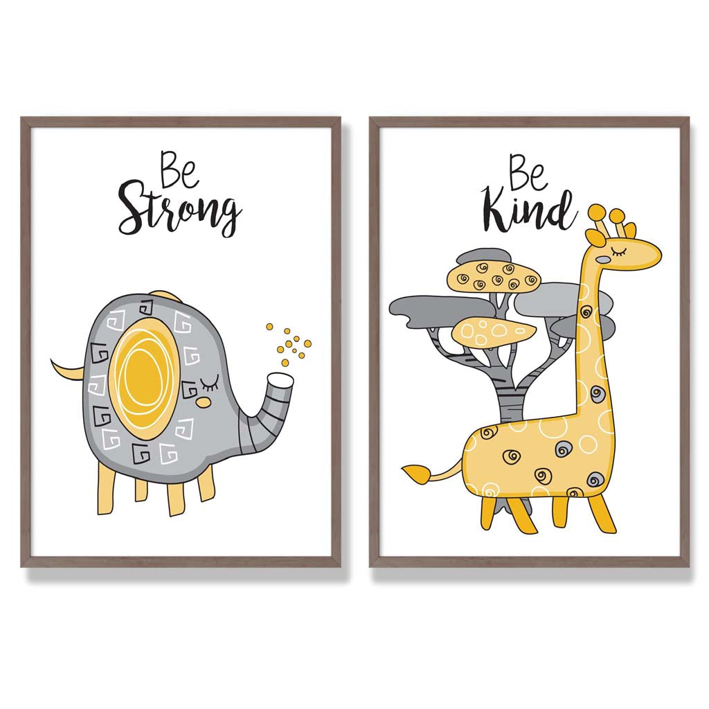 Grey, Yellow Nursery Elephant, Giraffe Set of 2 Art Prints with Walnut Frame