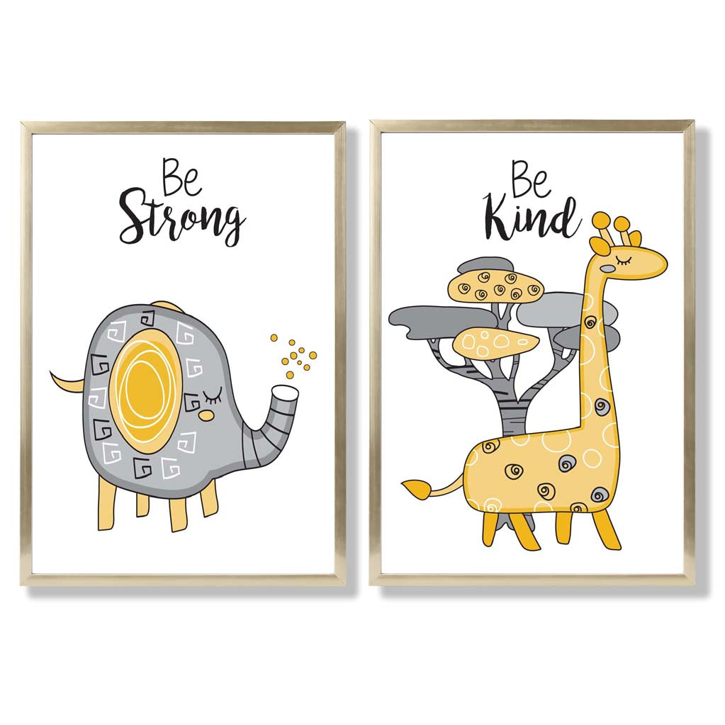 Grey, Yellow Nursery Elephant, Giraffe Set of 2 Art Prints with Gold Frame
