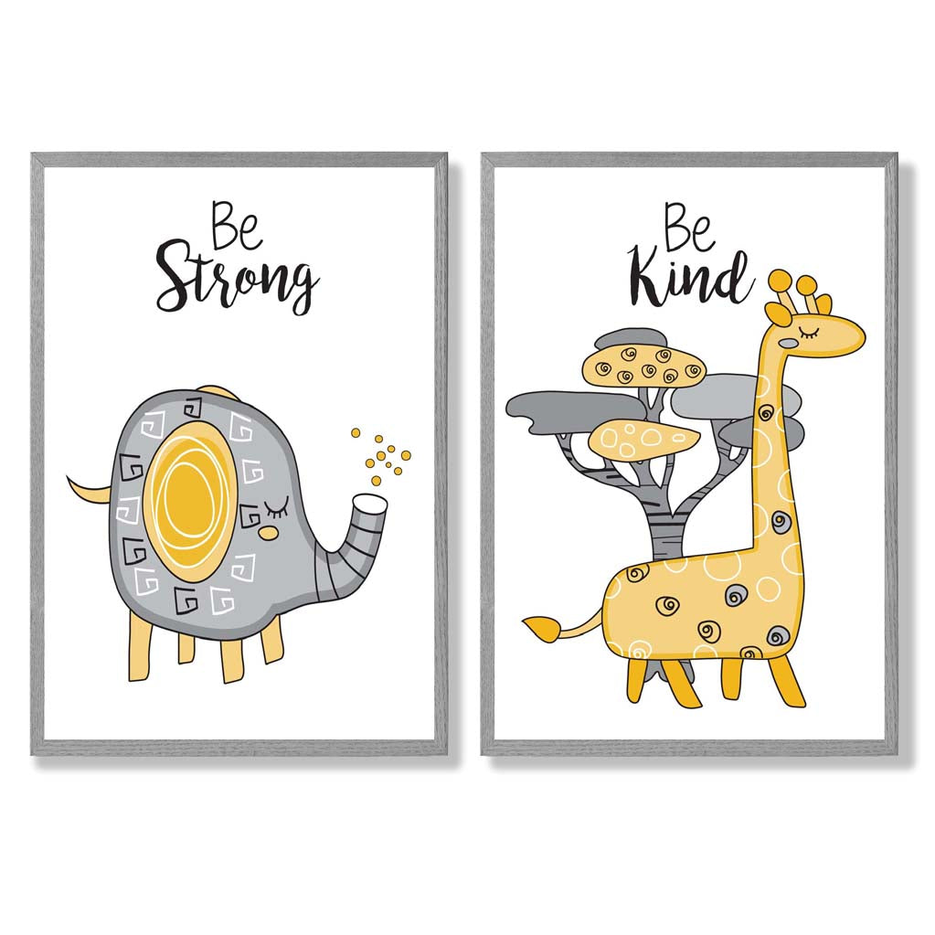 Grey, Yellow Nursery Elephant, Giraffe Set of 2 Art Prints with Light Grey Frame