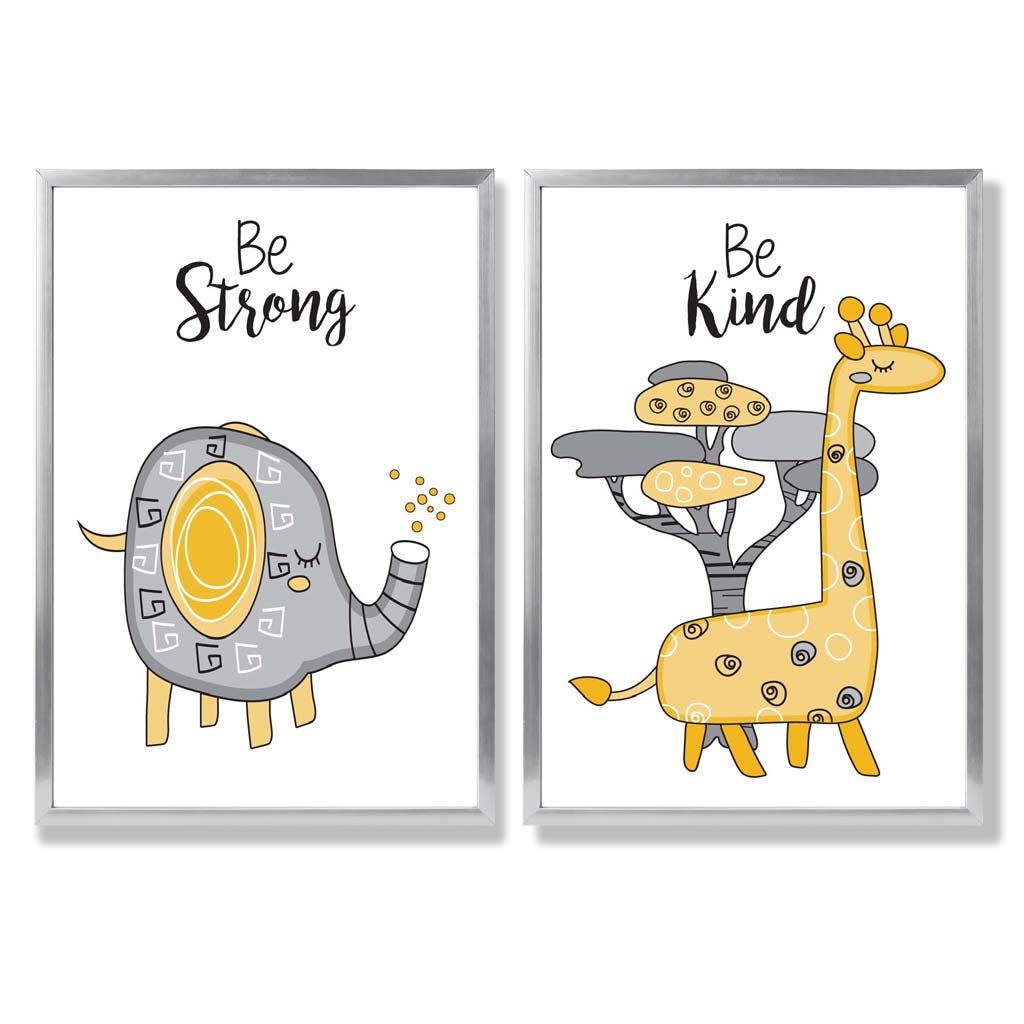 Grey, Yellow Nursery Elephant, Giraffe Set of 2 Art Prints with Silver Frame