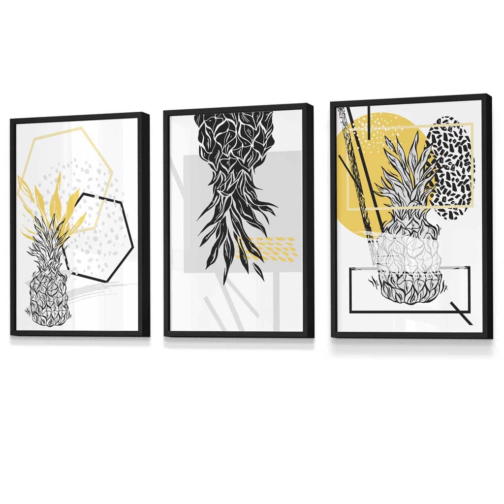 Yellow and Black Minimal Pineapple Art Prints Set of 3 Framed Wall Art | Artze Wall Art UK