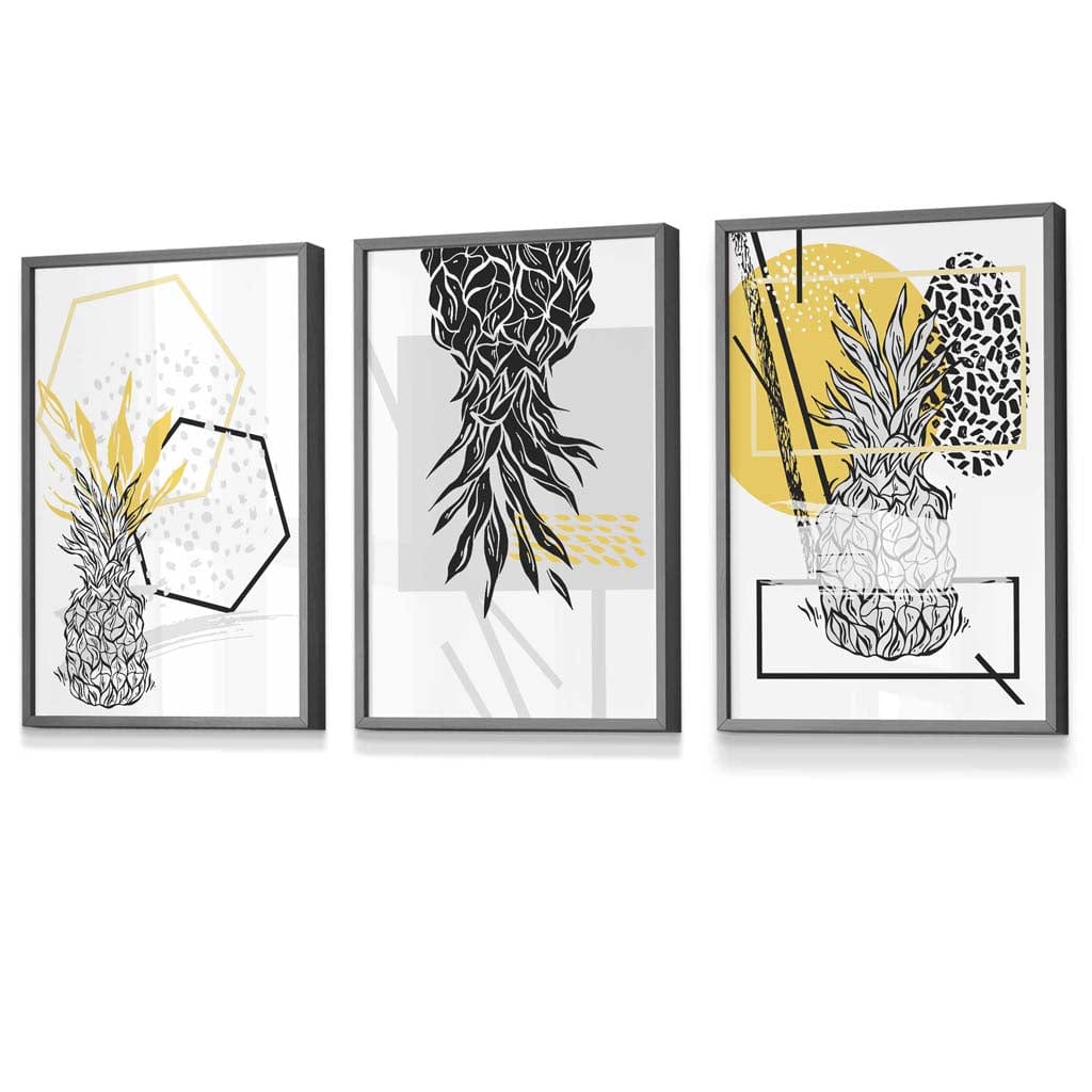Yellow and Black Minimal Pineapple Art Prints Set of 3 Framed Wall Art | Artze Wall Art UK