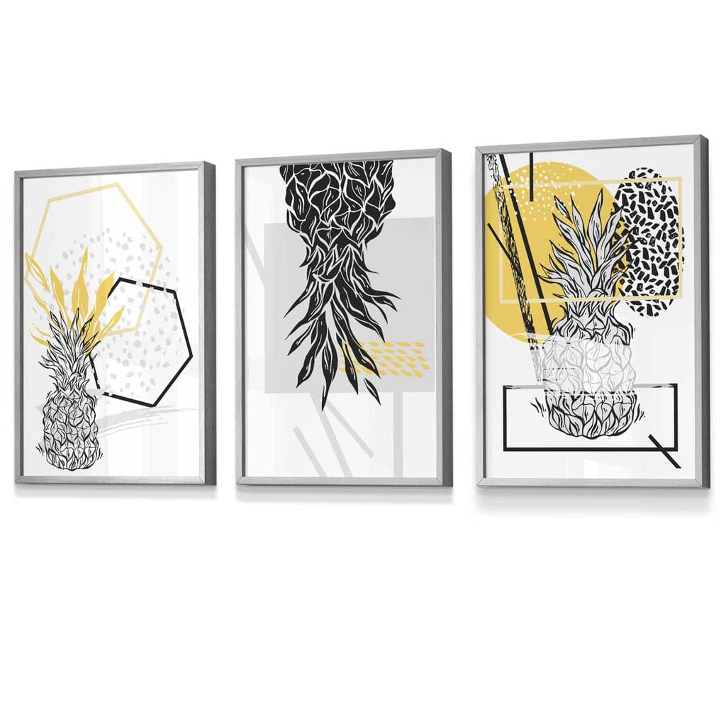 Yellow and Black Minimal Pineapple Art Prints Set of 3 Framed Wall Art | Artze Wall Art UK