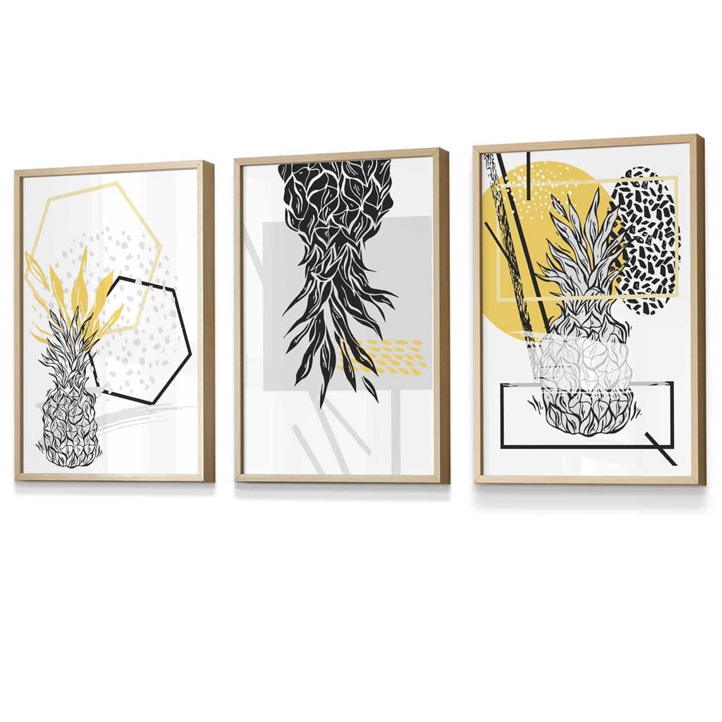 Yellow and Black Minimal Pineapple Art Prints Set of 3 Framed Wall Art | Artze Wall Art UK