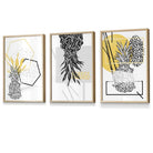 Yellow and Black Minimal Pineapple Art Prints Set of 3 Framed Wall Art | Artze Wall Art UK