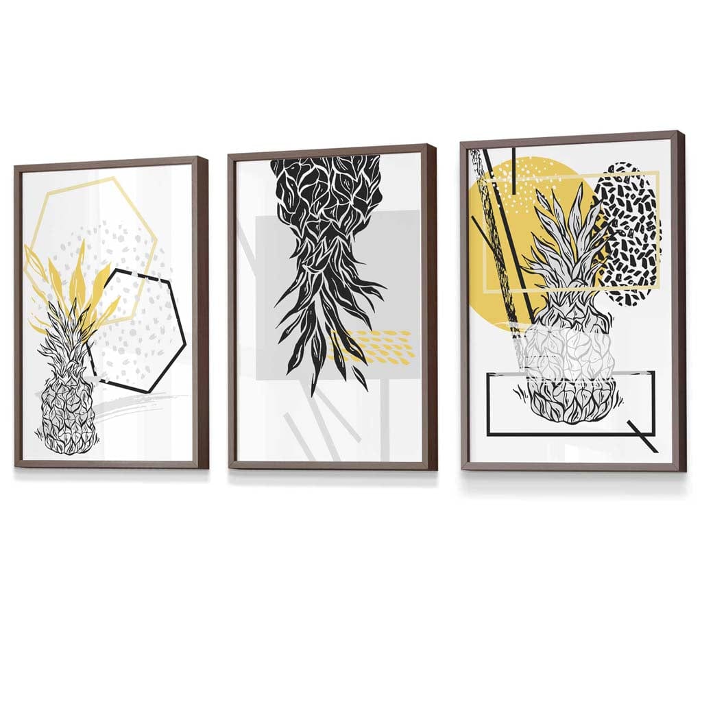Yellow and Black Minimal Pineapple Art Prints Set of 3 Framed Wall Art | Artze Wall Art UK