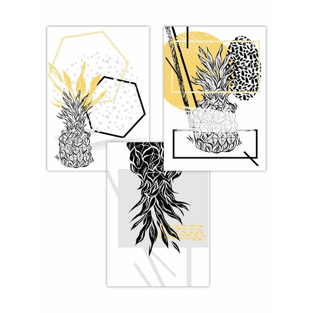Geometric Abstract set of 3 Yellow & Black Line Pineapple Art Prints