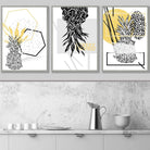 Geometric Abstract set of 3 Yellow & Black Line Pineapple Art Prints
