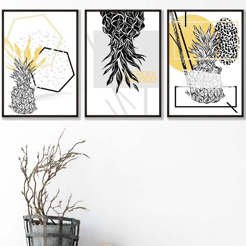 Geometric Abstract set of 3 Yellow & Black Line Pineapple Art Prints