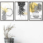 Geometric Abstract set of 3 Yellow & Black Line Pineapple Art Prints