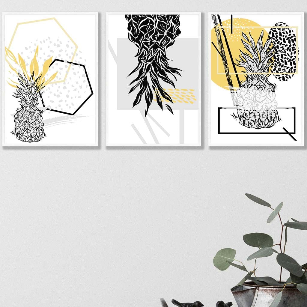 Geometric Abstract set of 3 Yellow & Black Line Pineapple Art Prints