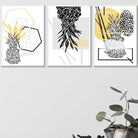 Geometric Abstract set of 3 Yellow & Black Line Pineapple Art Prints
