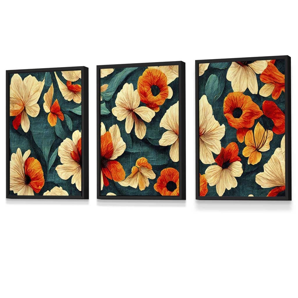 Set of 3 Abstract Oriental Flowers in Teal and Orange Framed Art | Artze Wall Art UK