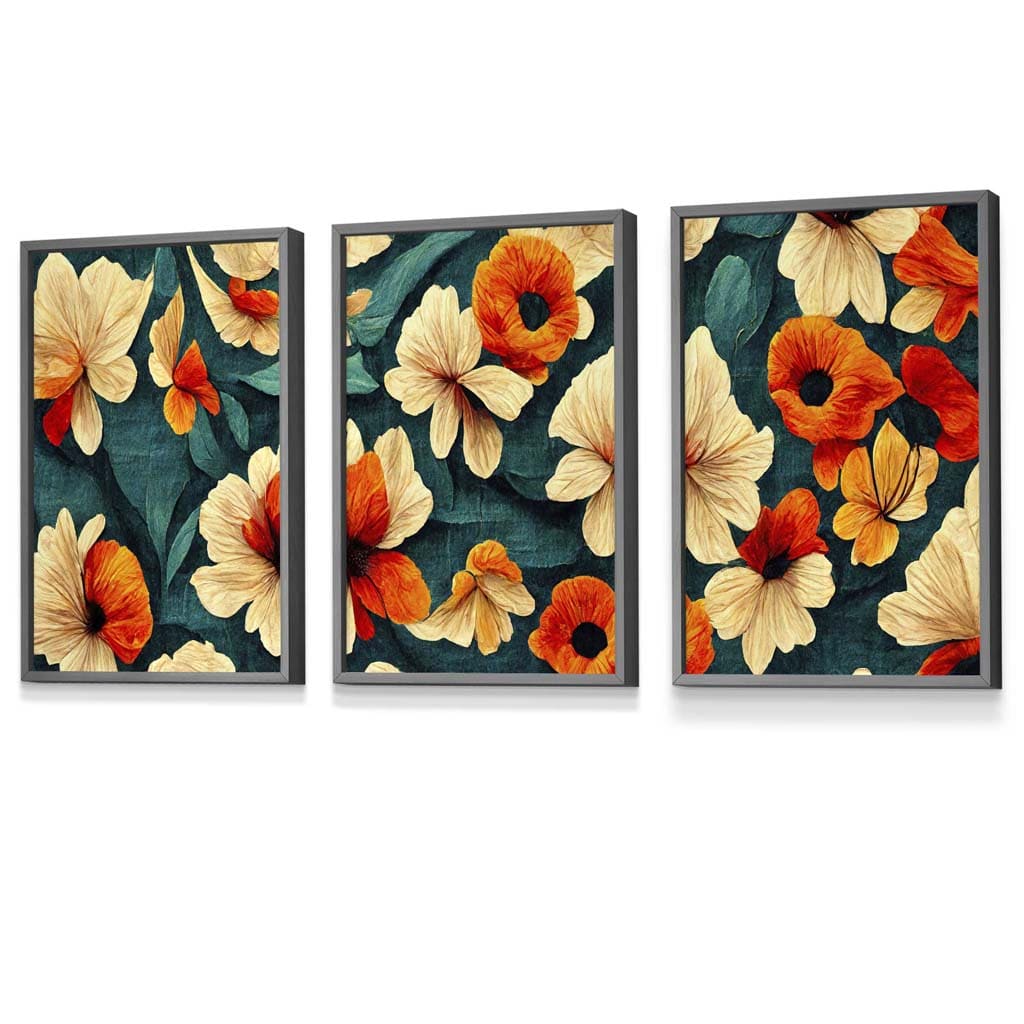 Set of 3 Abstract Oriental Flowers in Teal and Orange Framed Art | Artze Wall Art UK