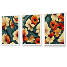 Set of 3 Abstract Oriental Flowers in Teal and Orange Framed Art | Artze Wall Art UK