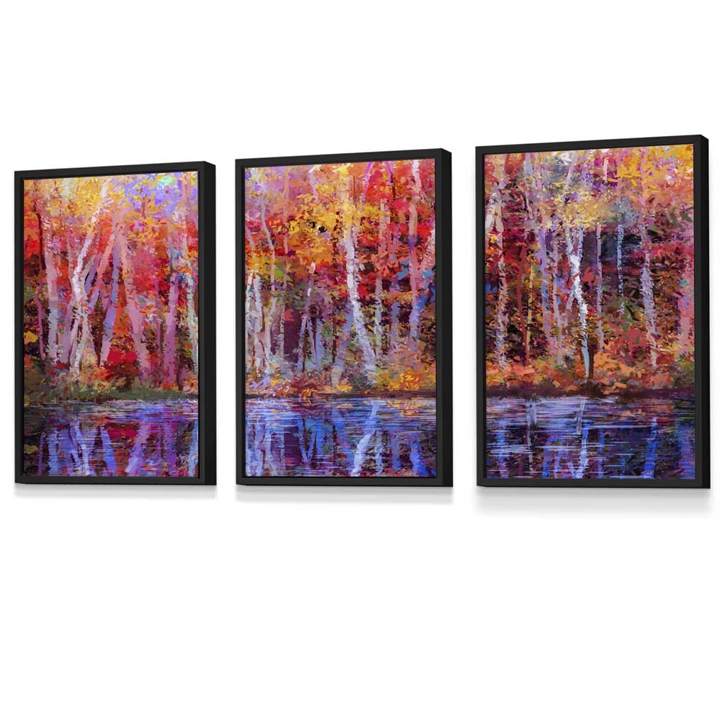 Set of 3 Abstract Summer Trees in Purple and Red Framed Art | Artze Wall Art UK