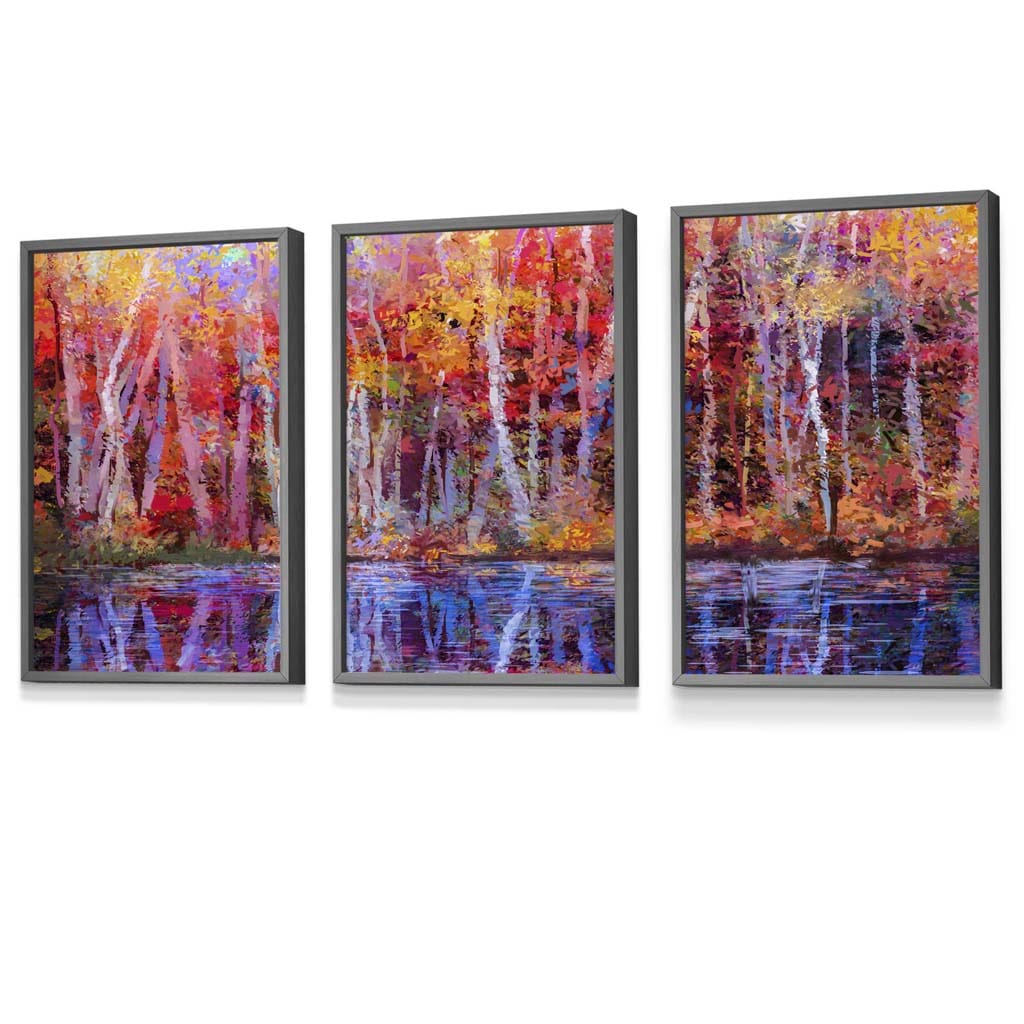 Set of 3 Abstract Summer Trees in Purple and Red Framed Art | Artze Wall Art UK