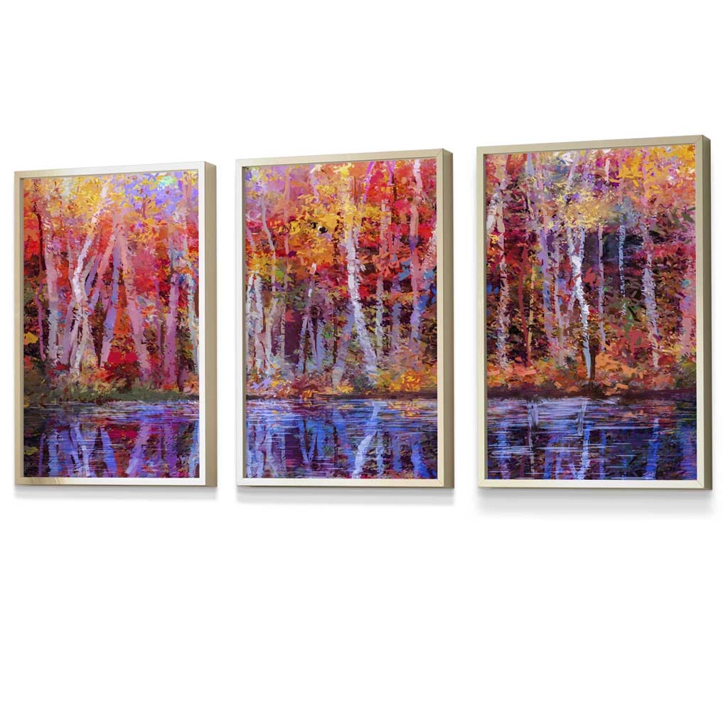 Set of 3 Abstract Summer Trees in Purple and Red Framed Art | Artze Wall Art UK