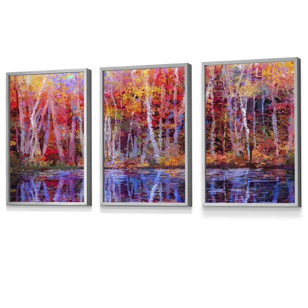 Set of 3 Abstract Summer Trees in Purple and Red Framed Art | Artze Wall Art UK