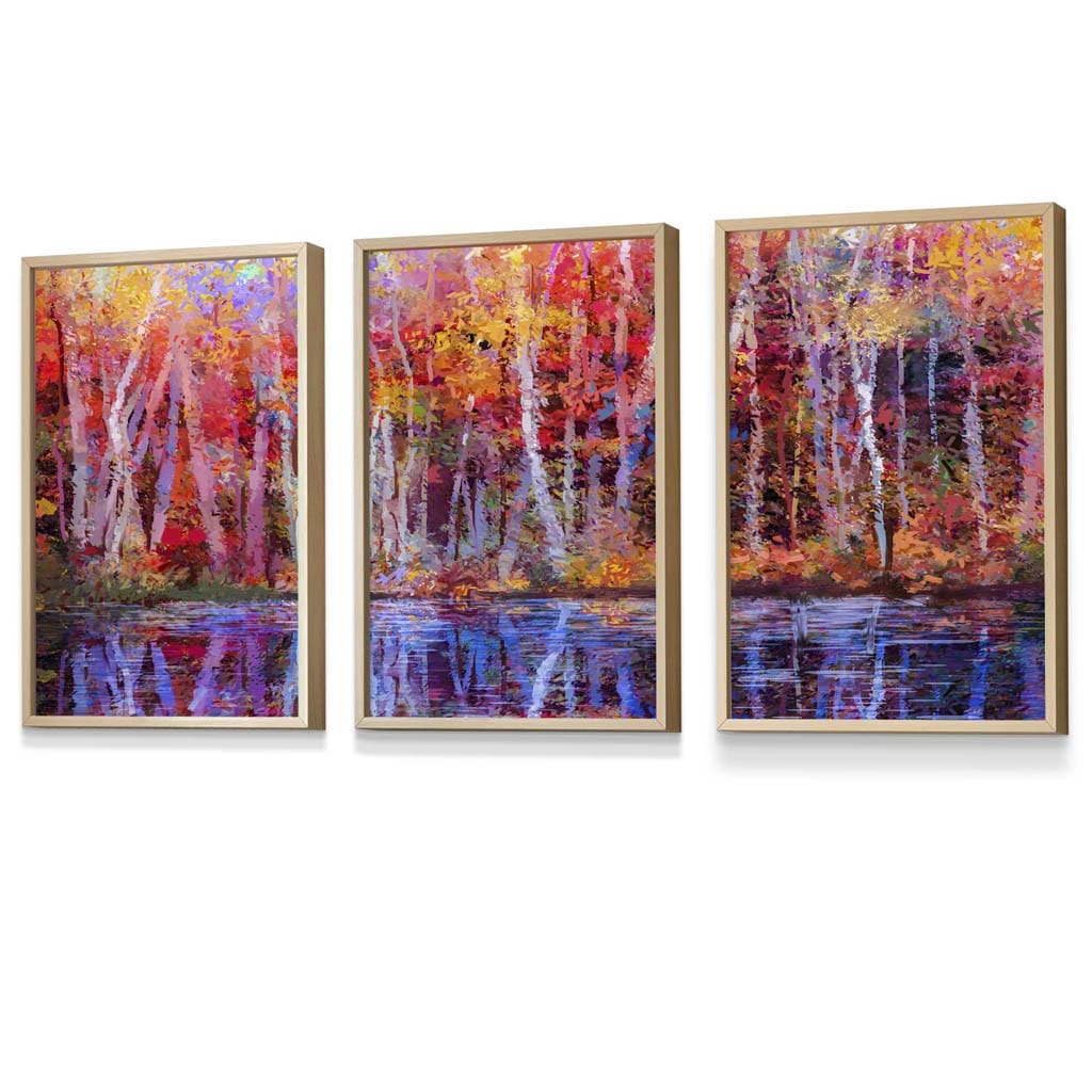 Set of 3 Abstract Summer Trees in Purple and Red Framed Art | Artze Wall Art UK