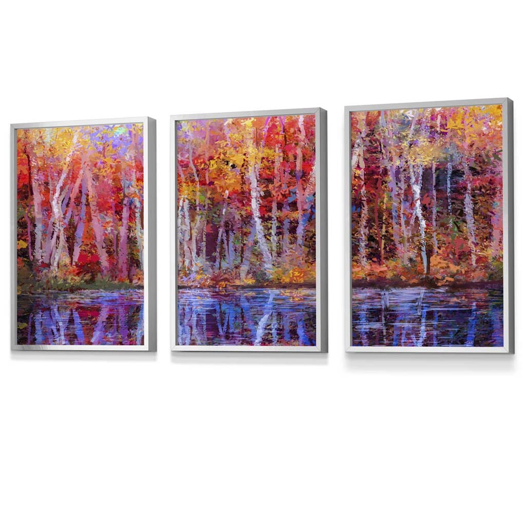 Set of 3 Abstract Summer Trees in Purple and Red Framed Art | Artze Wall Art UK