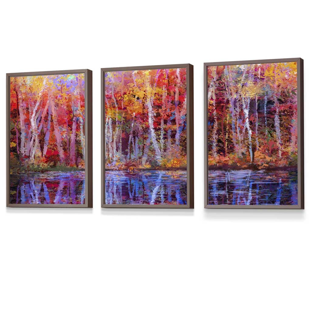 Set of 3 Abstract Summer Trees in Purple and Red Framed Art | Artze Wall Art UK