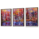 Set of 3 Abstract Summer Trees in Purple and Red Framed Art | Artze Wall Art UK