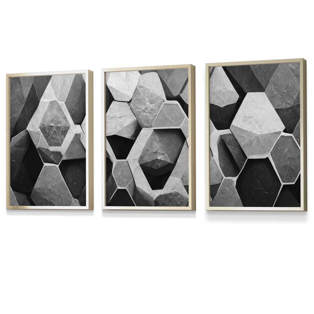Geometric Abstract Black and Grey Set of 3 Framed Art | Artze Wall Art UK