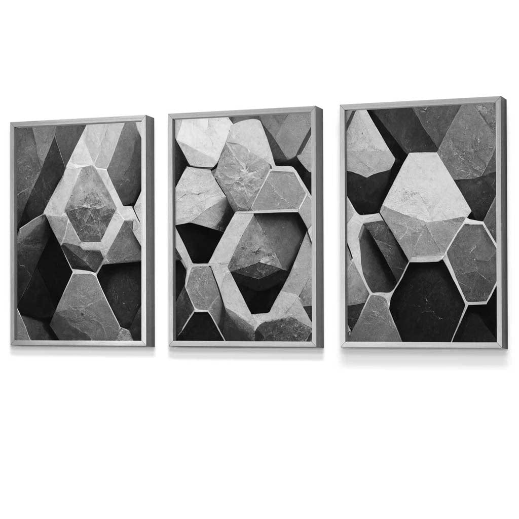 Geometric Abstract Black and Grey Set of 3 Framed Art | Artze Wall Art UK