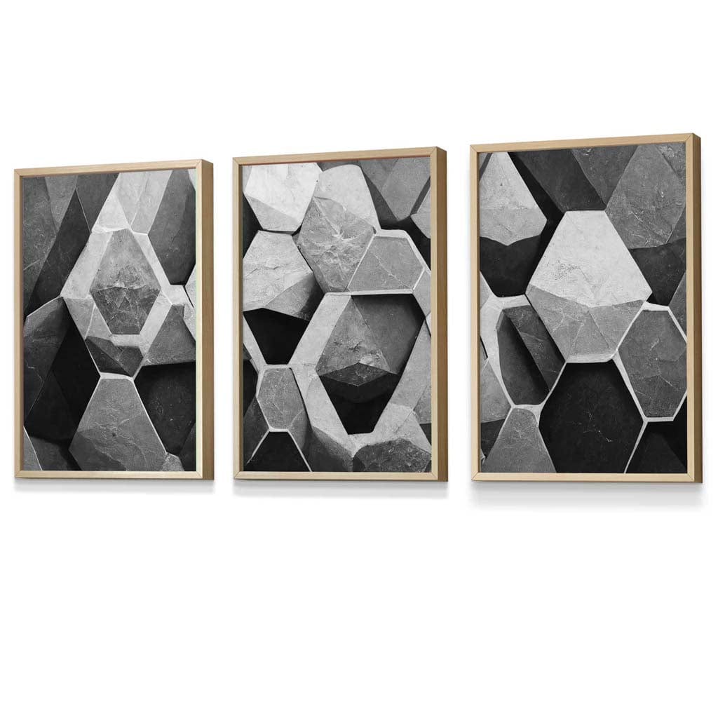 Geometric Abstract Black and Grey Set of 3 Framed Art | Artze Wall Art UK