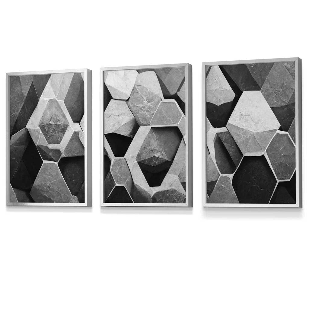 Geometric Abstract Black and Grey Set of 3 Framed Art | Artze Wall Art UK