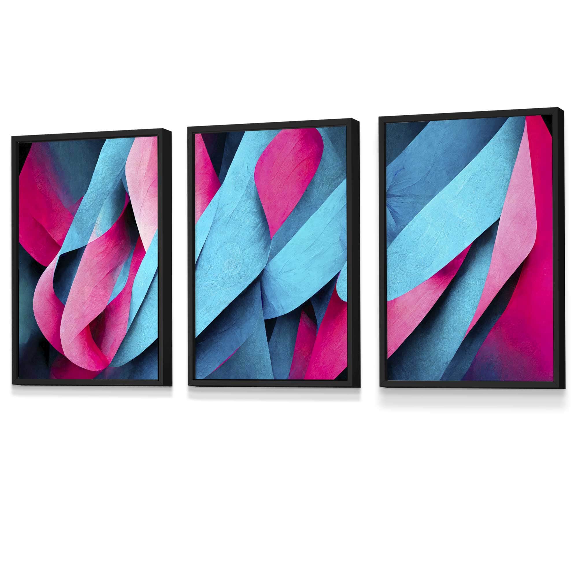 Set of 3 Geometric Abstract Bright Blue and Hot Pink Deco Framed Art | Artze Wall Art UK