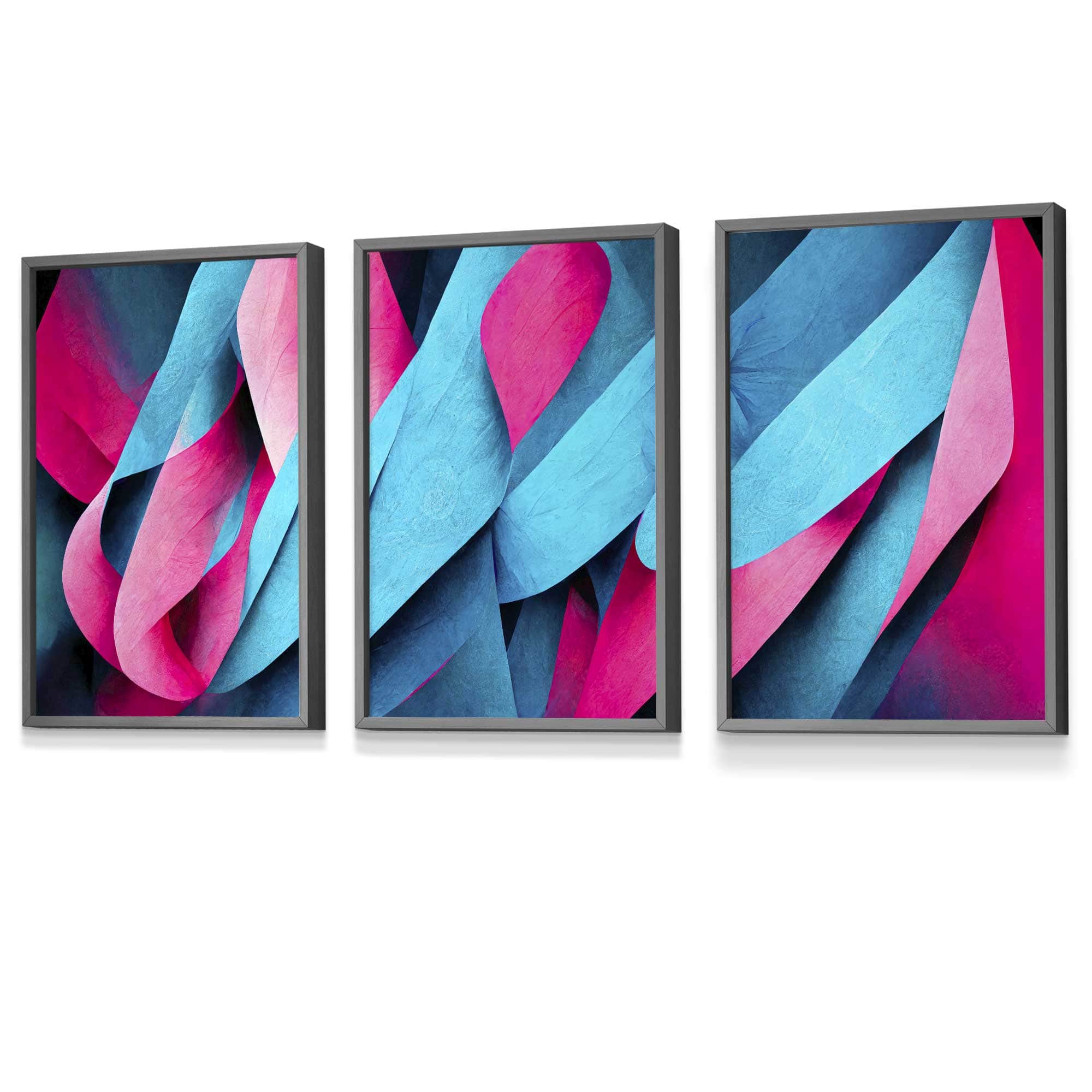 Set of 3 Geometric Abstract Bright Blue and Hot Pink Deco Framed Art | Artze Wall Art UK