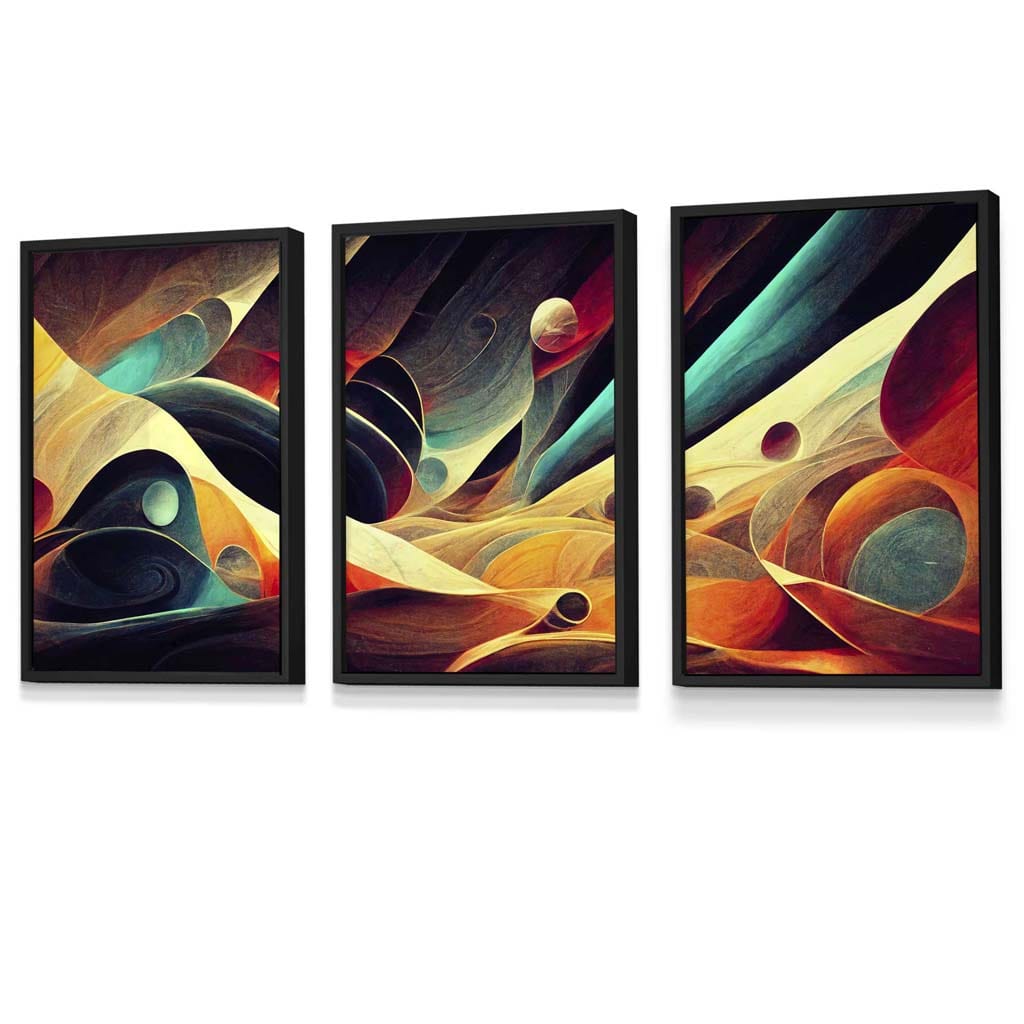 Set of 3 Geometric Abstract Bright Orange Blue and Yellow Mars Framed Art | Artze Wall Art UK